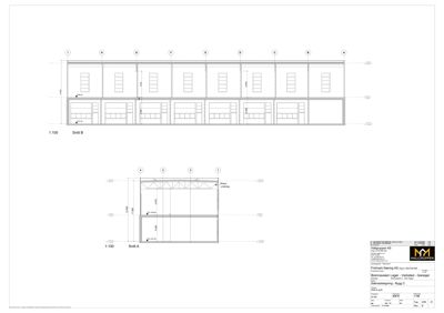 Snittegning (Snitt A og Snitt B) som viser tverrsnittet av en bygning med mål og konstruksjonsdetaljer.