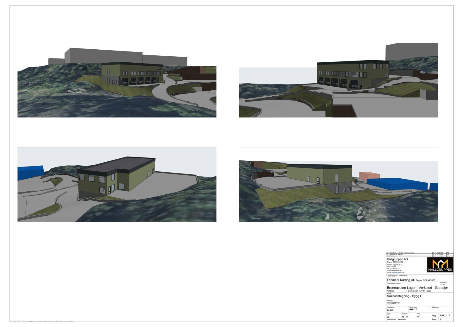 Bildet viser fire 3D-visualiseringer av et planlagt bygg på en skråning, sett fra ulike vinkler.