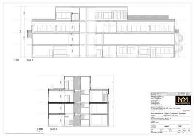 Bildet viser to snittegninger (Snitt A og Snitt B) av en bygning med mål og romfordeling.