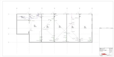 Etasjeplan med romfordeling, veggtykkelse og tekniske installasjoner