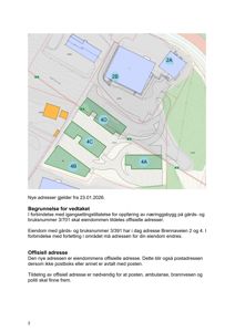 Kart som viser eiendomsgrenser, bruksnummer (f.eks. 2A, 2B, 4A) og tilhørende tekst om adresseendringer.