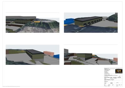 Bildet viser fire 3D-visualiseringer av et planlagt bygg (en industrihall eller lagerbygning) sett fra ulike vinkler, inkludert omgivelsene.