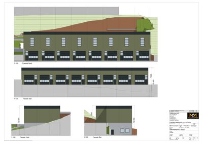 Bildet viser fasadetegninger for en bygning, inkludert utsnitt av Nord, Sør, Vest og Øst-fasaden med mål og detaljer.