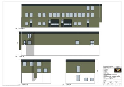 Bildet viser fasadetegninger for en bygning, med oppriss av Nord, Sør, Vest og Øst-fasaden.
