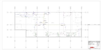 Etasjeplan eller romfordeling med tekniske installasjoner (el, vann, varme) og romnummerering.