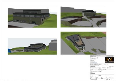 Bildet viser fire 3D-visualiseringer av et planlagt bygg (Lager- og Verksted) sett fra ulike vinkler.