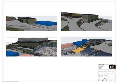 Bildet viser fire 3D-visualiseringer av et planlagt byggprosjekt, inkludert fasade og situasjon.