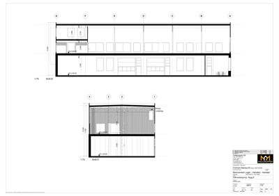 Snittegning (Snitt A og Snitt B) som viser tverrsnittet av bygningen med romfordeling og mål.