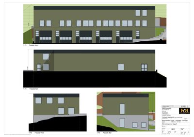 Bildet viser fasadetegninger for en bygning sett fra fire sider (Nord, Sør, Vest, Øst).