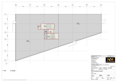 Etasjeplan (2. etasje) som viser romfordeling, stueplassering og mål for et bygg.