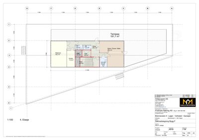 Etasjeplan (4. etasje) som viser romfordeling, arealer og funksjoner i en bygning.