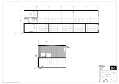 Snittegning (Snitt A og Snitt B) som viser tverrsnittet av en bygning med romfordeling og mål.