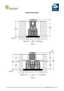Tegning som viser et tverrsnitt av en BIOVAC FD 5N (PEH) enhet, med dimensjoner og inn-/utløp.