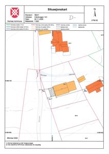 Situasjonskart som viser eiendomsgranser, bygninger, veier og topografi for eiendommen på Håvikvegen 141.