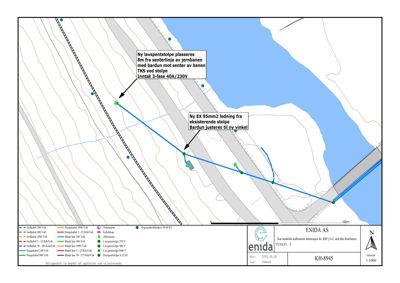 Situasjonsplan som viser plassering av nye lavspentstolper og ledninger i forhold til eksisterende infrastruktur (jernbane, vannveier) og terrengforhold.