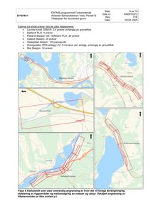 Kartutsnitt som viser omtrentlig avgrensing av tiltaksområder (røde linjer) langs jernbanestrekningen i forhold til omgivelsene (vann, skog, veier).
