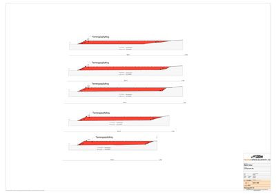 Tegninger som viser detaljerte snitt av terrengopplylling med angitte nivåer og skråningsforhold.