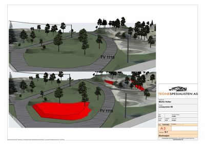 3D-visualisering (rendering) av tomt og omgivelsene med markerte byggefelt.