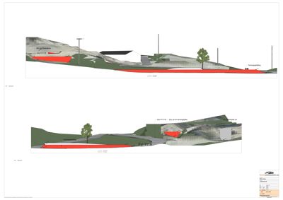 Snittegning som viser bygningens plassering i terrenget, høydeforhold og grunnplan.