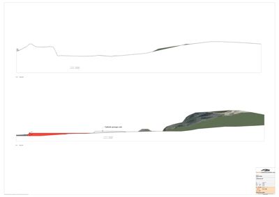 Snittegning som viser terrengprofilen og bygningens plassering i forhold til terrenget.