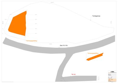 Situasjonsplan som viser tomtegrenser, eksisterende vei (Eks FV1118), planlagt ny vei, og områder for terrengoppfylling.