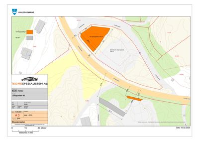 Situasjonsplan som viser tomtens beliggenhet i forhold til nabolag, veier og terrengforhold.