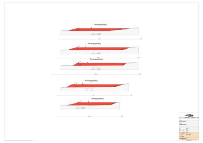 Tegning som viser detaljerte snitt av terrengopplyfning med høydeangivelser og fyllingsdybde.