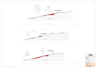 Snittegning som viser terrengprofil, oppfylling og bygningers plassering i forhold til terrenget.
