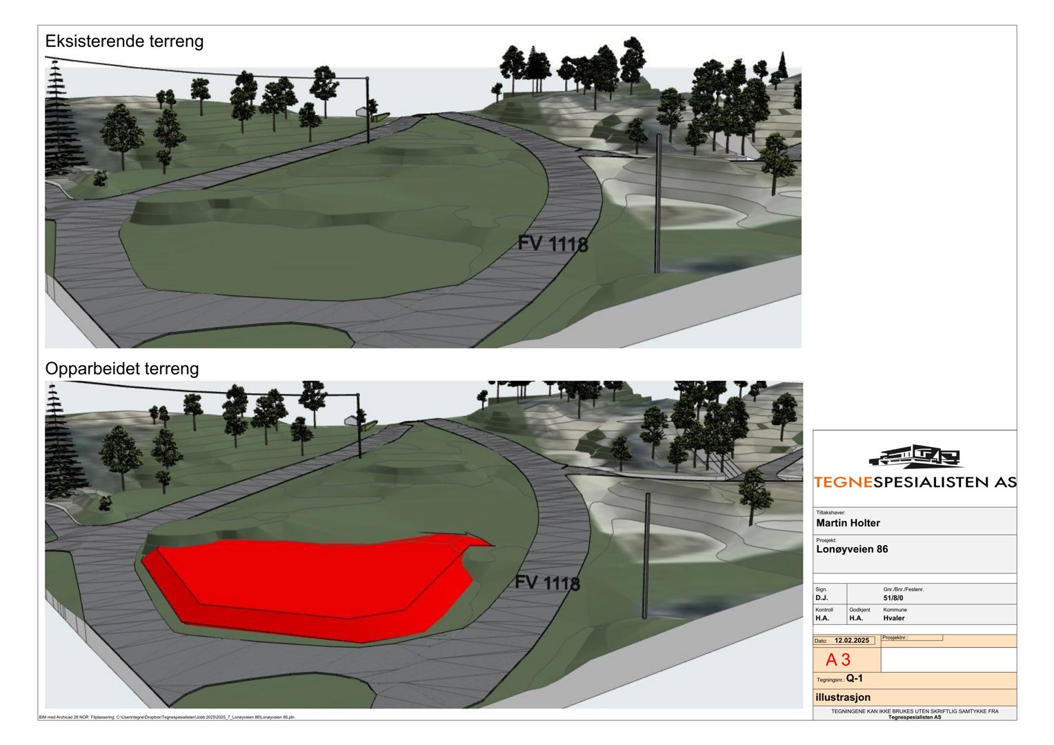 3D-visualisering (rendering) som viser eksisterende og opparbeidet terreng med en markert byggeflate.
