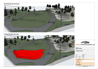 3D-visualisering (rendering) som viser eksisterende og opparbeidet terreng med en markert byggeflate.
