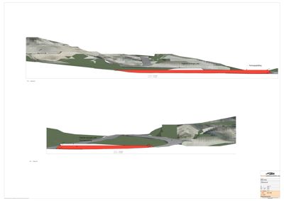 Snittegning som viser tverrsnitt gjennom et terrengprosjekt med markerte nivåer (f.eks. 'Toreggveiling') og fargekodet grunnvannsnivå.