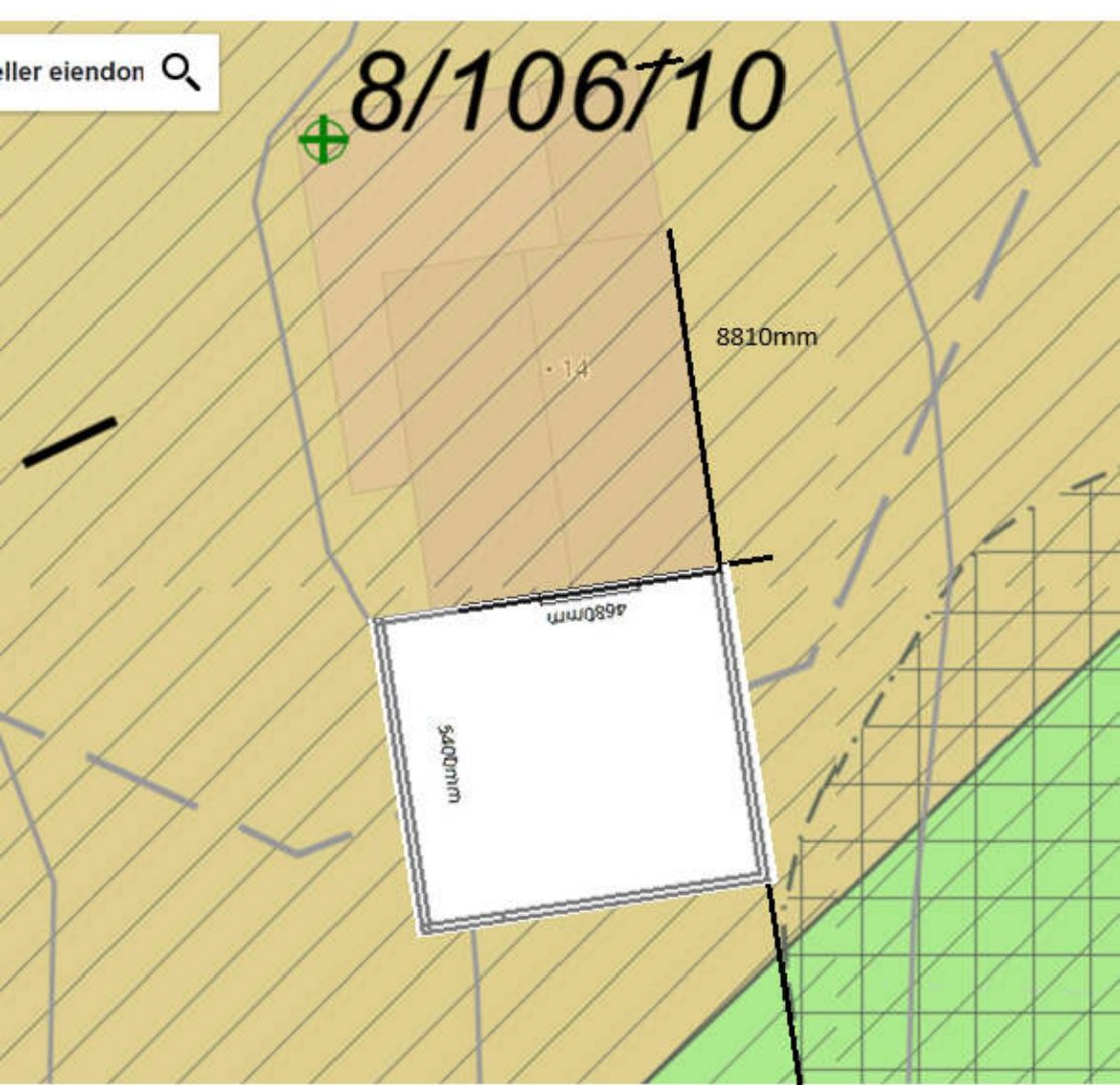 Situasjonsplan som viser eiendomsnummer (8/106/10), bygningens plassering på tomten, og mål på grunnflaten (4680mm x 5400mm).