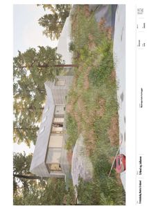 3D-visualisering av en moderne villa med omgivelser, inkludert vegetasjon og terreng.