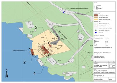 Situasjonsplan som viser tomtens beliggenhet, grenser, eksisterende og planlagt bebyggelse samt vannkummer.