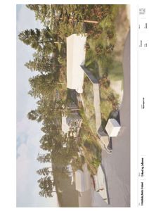 3D-visualisering av et nytt byggprosjekt (Fritidsbolig Nøstebukta) sett fra utsiden, inkludert omgivelser og landskap.