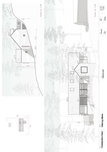 Fasadetegning som viser bygningens utseende fra to vinkler (vest og øst) med mål og detaljer.