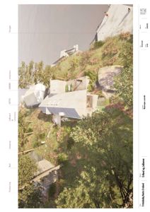 3D-visualisering av en bygning i et landskap med vegetasjon og vann.