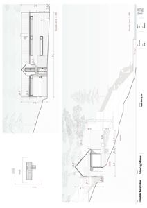 Snittegning som viser bygningens tverrsnitt, høyder og forhold til terrenget.