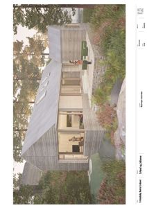 3D-visualisering av en planlagt bygning (hus) sett fra utsiden, inkludert omgivelser.