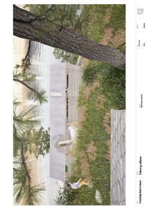 3D-visualisering av en bygning i et naturskjønt miljø med vann og trær.