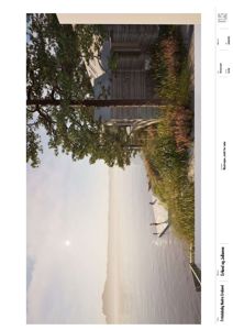 3D-visualisering av en bygning ved vannet med omgivende natur.