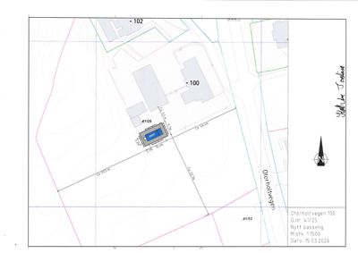 Situasjonsplan som viser tomtens grenser, nabolag, veier (Overholtvegen) og plassering av et nytt basseng (G.nr. 41/25).