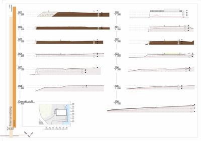 Oversikt over snittegninger (profiler) som viser terrengform, grunnforhold og nivåer for en bygning.