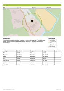Kart over et område med en markert lokasjon (pin) og en sirkel rundt, med en tabell under som beskriver arealdata for området.