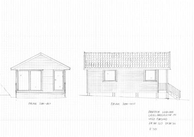 Tegning som viser fasadeopprikk for en bygning sett fra to sider (sør-øst og sør-vest).