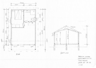 Bildet viser en håndtegnet etasjeplan (PLAN) og tilhørende snittegning (SNITT A-A) med mål og romoppdeling.