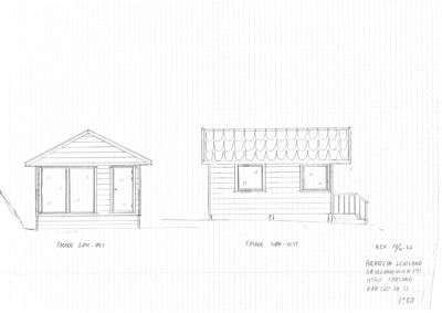 Håndtegning som viser fasadeoppriks for en bygning sett fra to ulike vinkler (sør-øst og sør-vest).