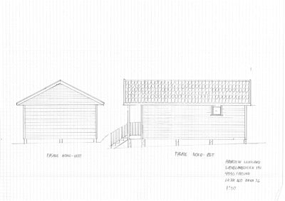 Håndtegnet fasadetegning som viser bygningens utseende fra nord-vest og nord-øst.
