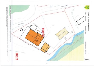 Situasjonsplan som viser tomtens grenser (røde linjer), nabolag (160/2 og 160/36), veier (Sørlandsviken), og enkle bygningstegninger med mål.