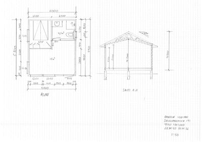 Bildet viser en håndtegnet etasjeplan (PLAN) med romfordeling og mål, samt tilhørende snittegning (SNITT A-A).